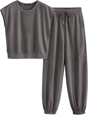 PRETTYGARDEN Women's Summer 2 Piece Tracksuit Outfit Casual Cap Sleeve Tops High Waist Pants Set Loungewear