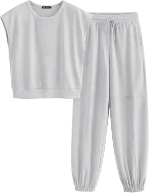 PRETTYGARDEN Women's Summer 2 Piece Tracksuit Outfit Casual Cap Sleeve Tops High Waist Pants Set Loungewear
