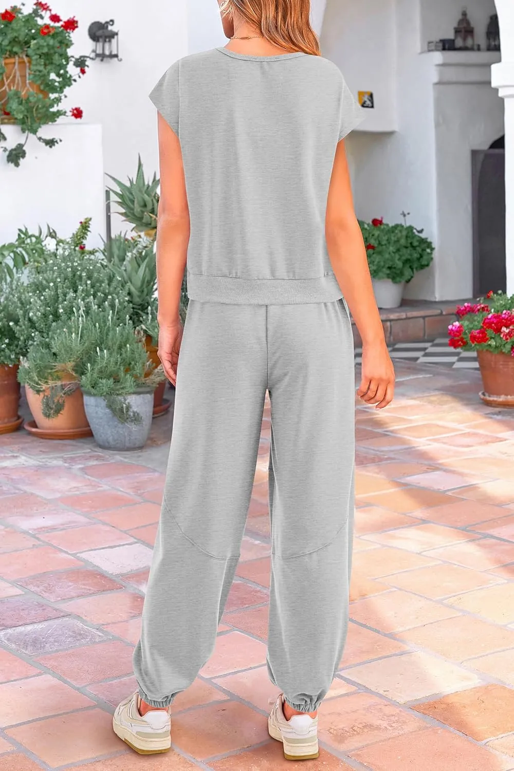 PRETTYGARDEN Women's Summer 2 Piece Tracksuit Outfit Casual Cap Sleeve Tops High Waist Pants Set Loungewear