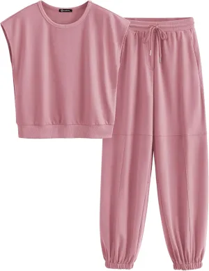 PRETTYGARDEN Women's Summer 2 Piece Tracksuit Outfit Casual Cap Sleeve Tops High Waist Pants Set Loungewear