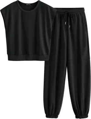 PRETTYGARDEN Women's Summer 2 Piece Tracksuit Outfit Casual Cap Sleeve Tops High Waist Pants Set Loungewear