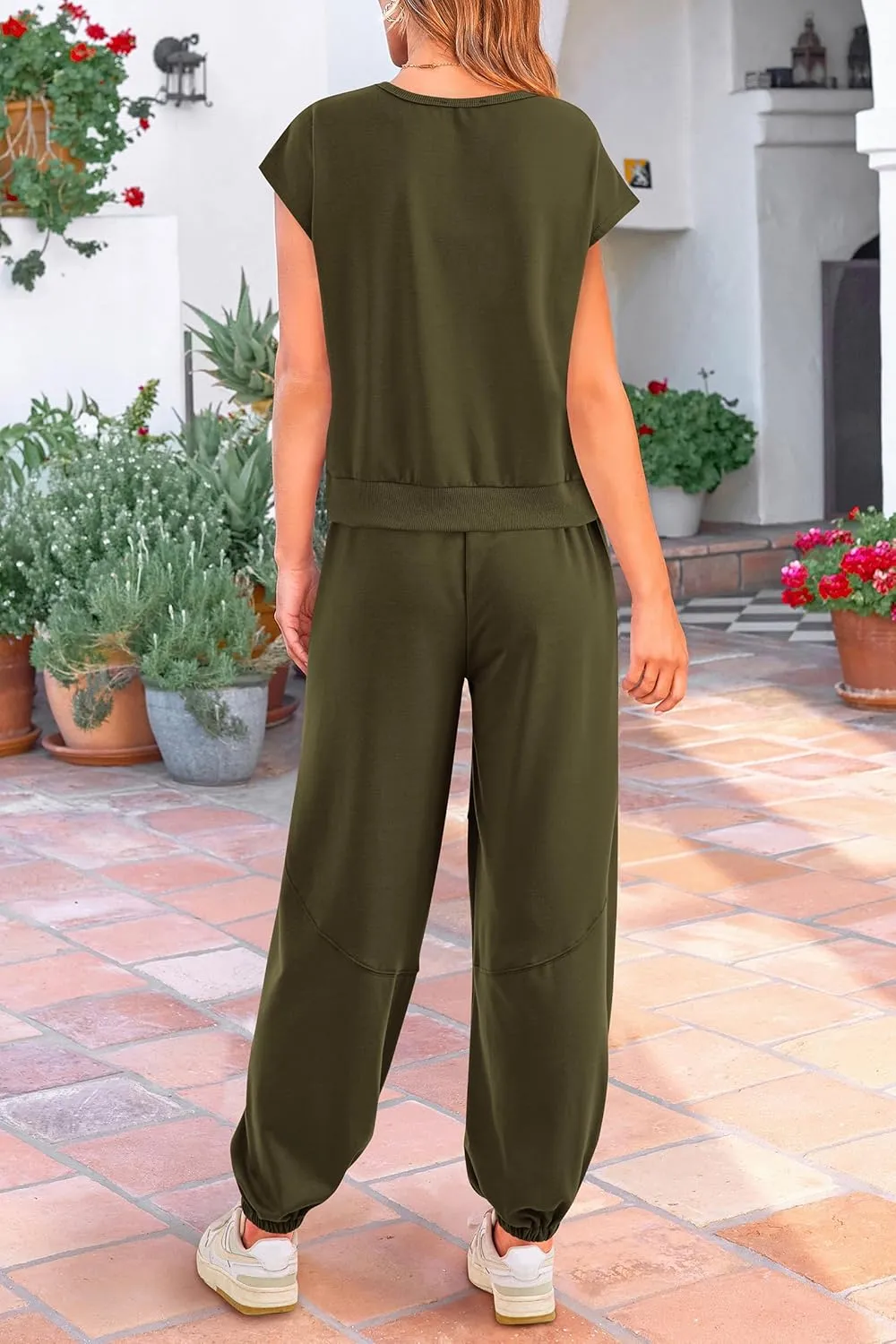 PRETTYGARDEN Women's Summer 2 Piece Tracksuit Outfit Casual Cap Sleeve Tops High Waist Pants Set Loungewear