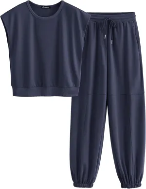 PRETTYGARDEN Women's Summer 2 Piece Tracksuit Outfit Casual Cap Sleeve Tops High Waist Pants Set Loungewear