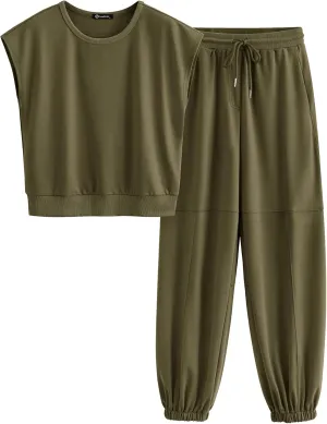 PRETTYGARDEN Women's Summer 2 Piece Tracksuit Outfit Casual Cap Sleeve Tops High Waist Pants Set Loungewear