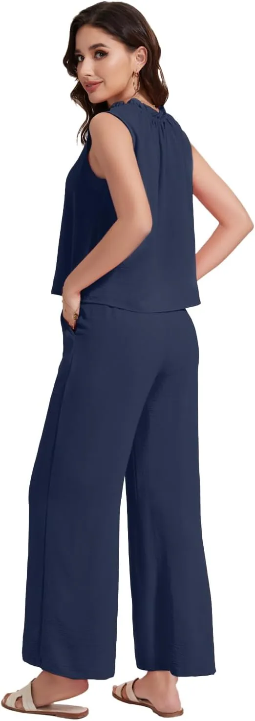 ROYLAMP 2025 Women'S Summer 2 Piece Outfits Sleeveless Ruffled V Neckline Tops High Waisted Pants Sets