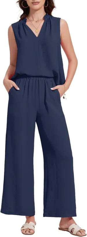 ROYLAMP 2025 Women'S Summer 2 Piece Outfits Sleeveless Ruffled V Neckline Tops High Waisted Pants Sets