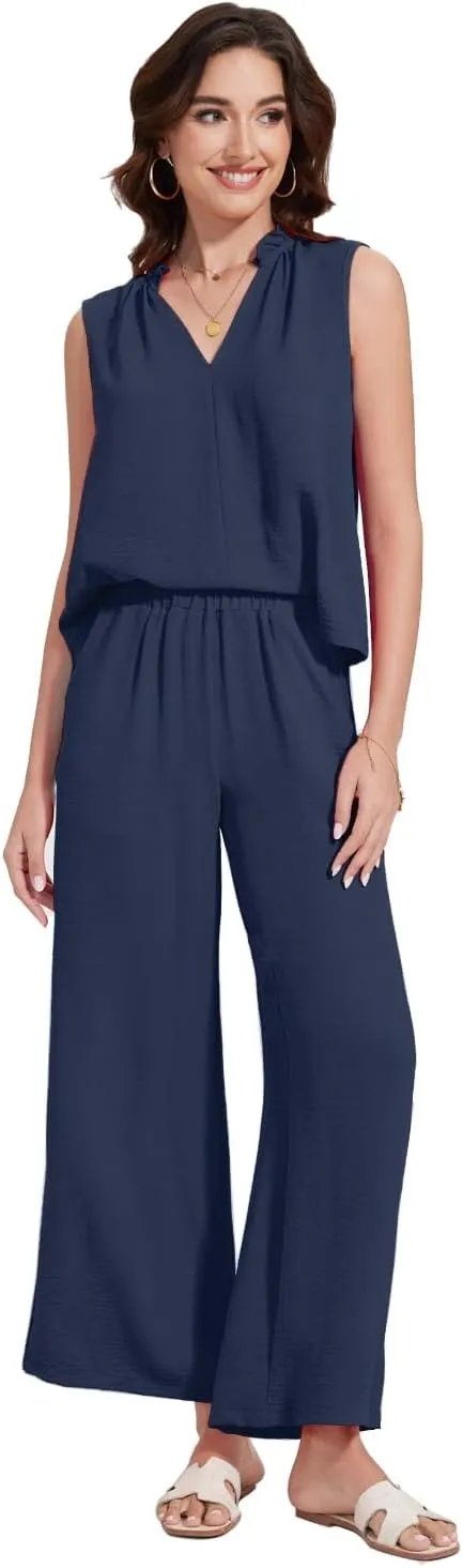 ROYLAMP 2025 Women'S Summer 2 Piece Outfits Sleeveless Ruffled V Neckline Tops High Waisted Pants Sets