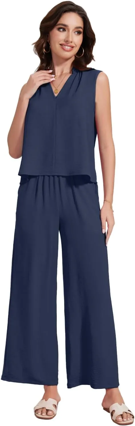 ROYLAMP 2025 Women'S Summer 2 Piece Outfits Sleeveless Ruffled V Neckline Tops High Waisted Pants Sets