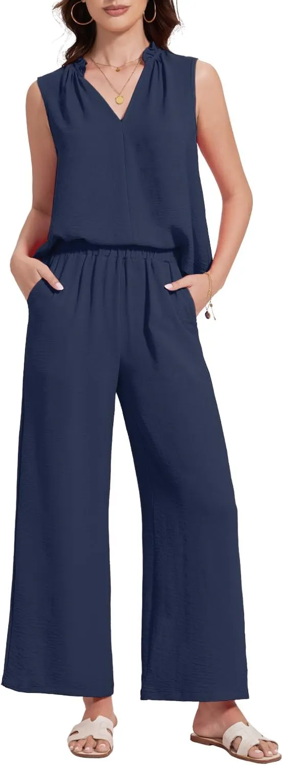 ROYLAMP 2025 Women'S Summer 2 Piece Outfits Sleeveless Ruffled V Neckline Tops High Waisted Pants Sets
