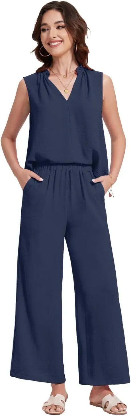 ROYLAMP 2025 Women'S Summer 2 Piece Outfits Sleeveless Ruffled V Neckline Tops High Waisted Pants Sets