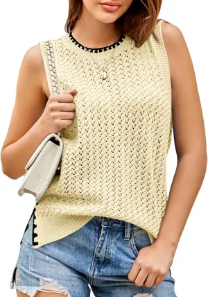 Saodimallsu Womens Sleeveless Knit Sweater Vest Crochet Color Block Stitched Crew Neck Cropped Casual Tops