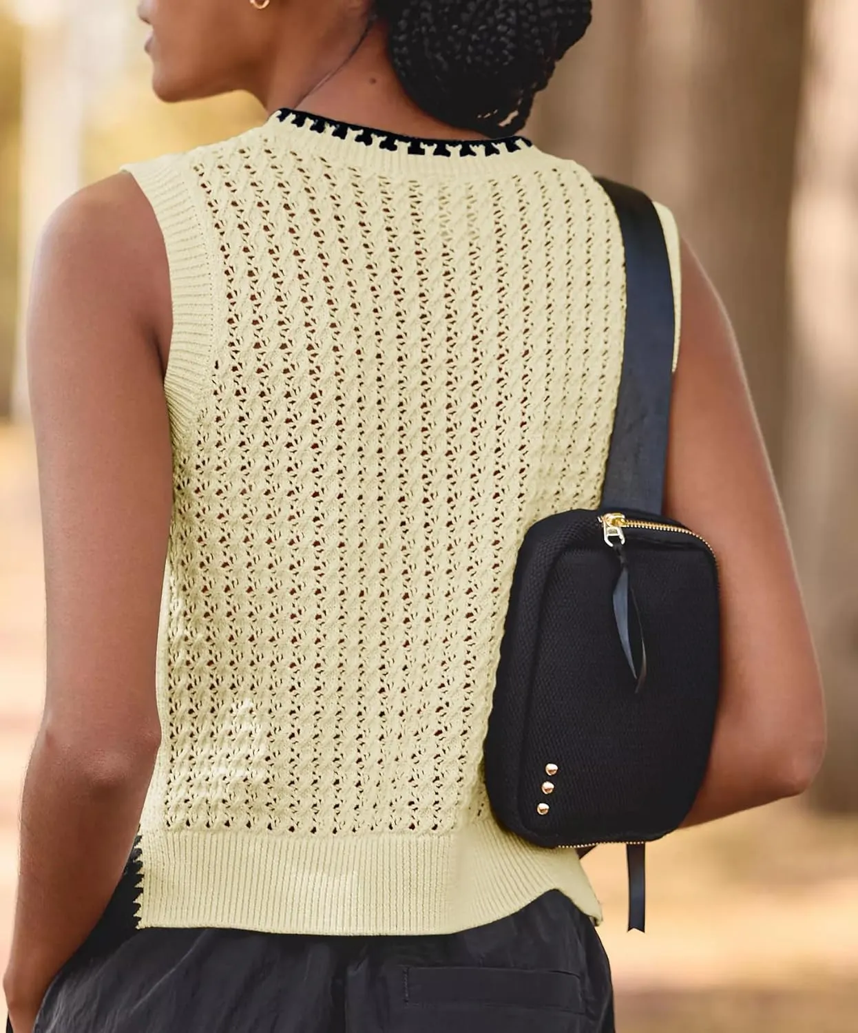 Saodimallsu Womens Sleeveless Knit Sweater Vest Crochet Color Block Stitched Crew Neck Cropped Casual Tops