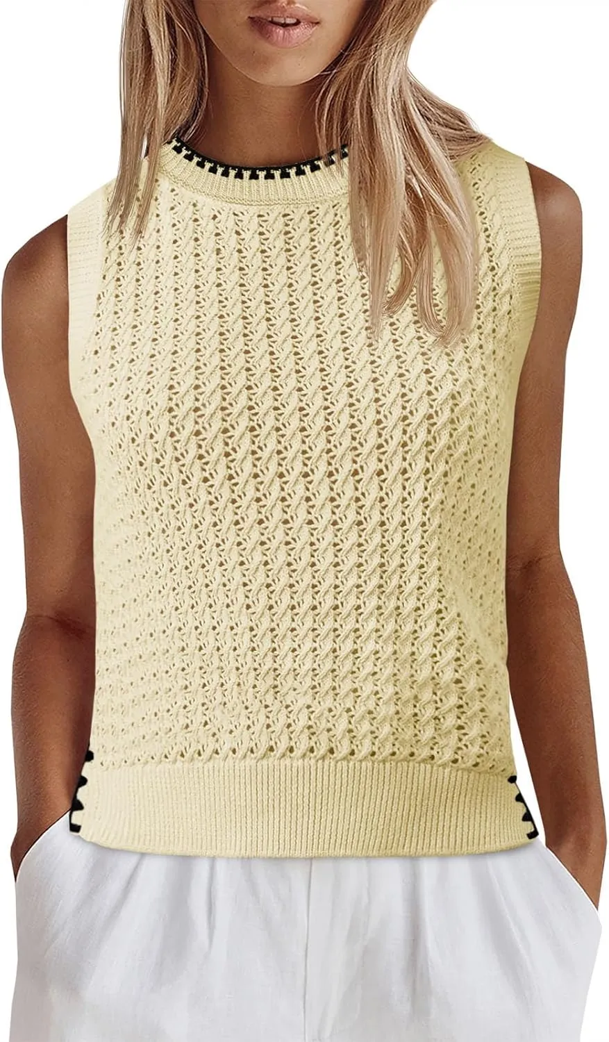Saodimallsu Womens Sleeveless Knit Sweater Vest Crochet Color Block Stitched Crew Neck Cropped Casual Tops