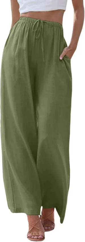 sdbrld Pantalones De Lino De Las Mujeres Linen Wide Leg Pants for Women Shorts Linen Pants Women Summer,Womens Linen Pants with Pockets High Waist Adjustable Knot Casual Trousers (Z41-AG, XL)