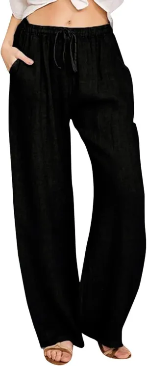 sdbrld Pantalones De Lino Mujer Verano Wide Leg Linen Pants for Women Linen Pants Linen Pants Women Summer,Womens Linen Pants with Pockets High Waist Adjustable Knot Casual Trousers (Z2-Black, L)