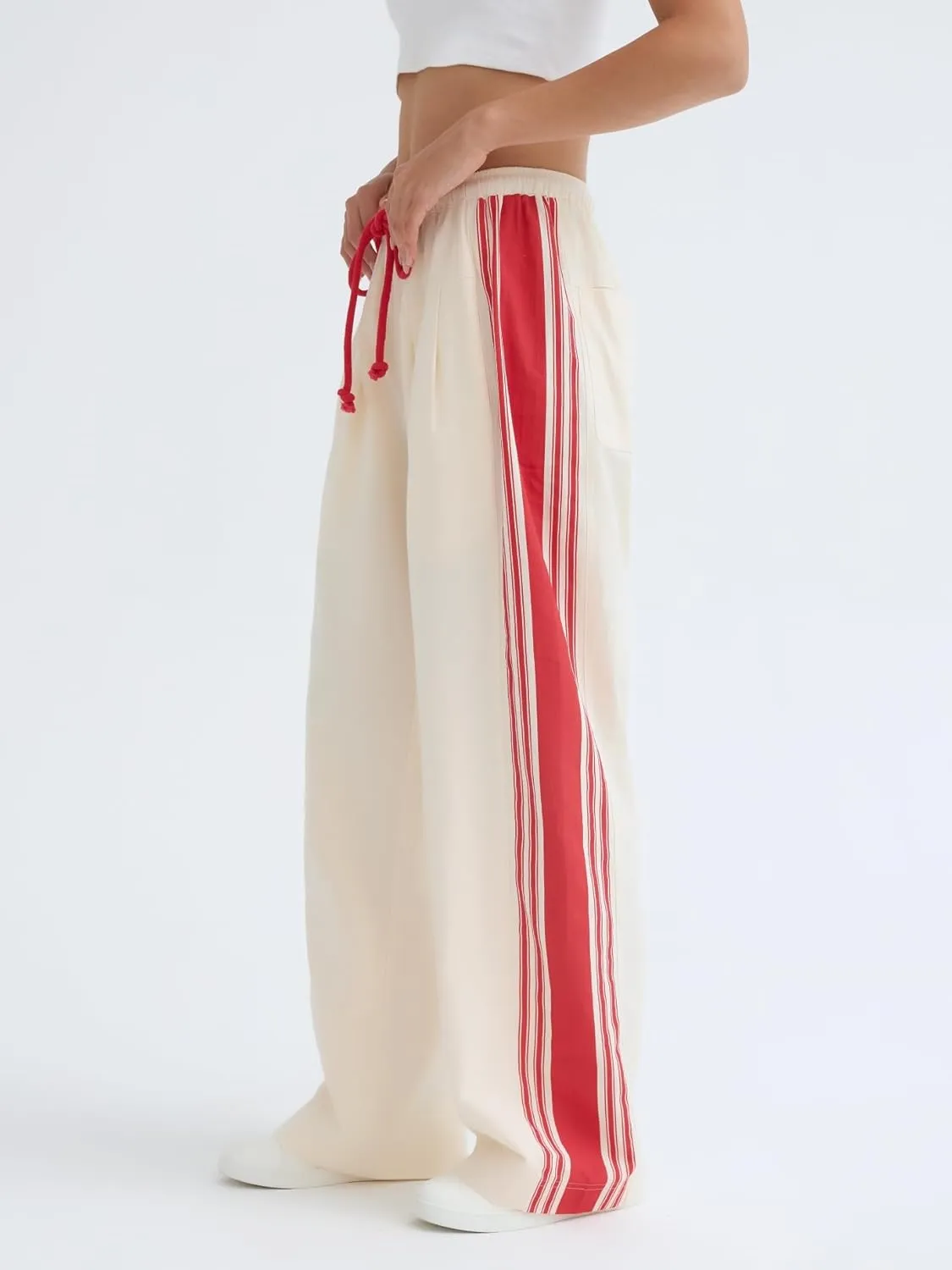 Side Striped Pants Women Drawstring Wide Leg Pants High Waisted Loose Slouchy Palazzo Sweatpants