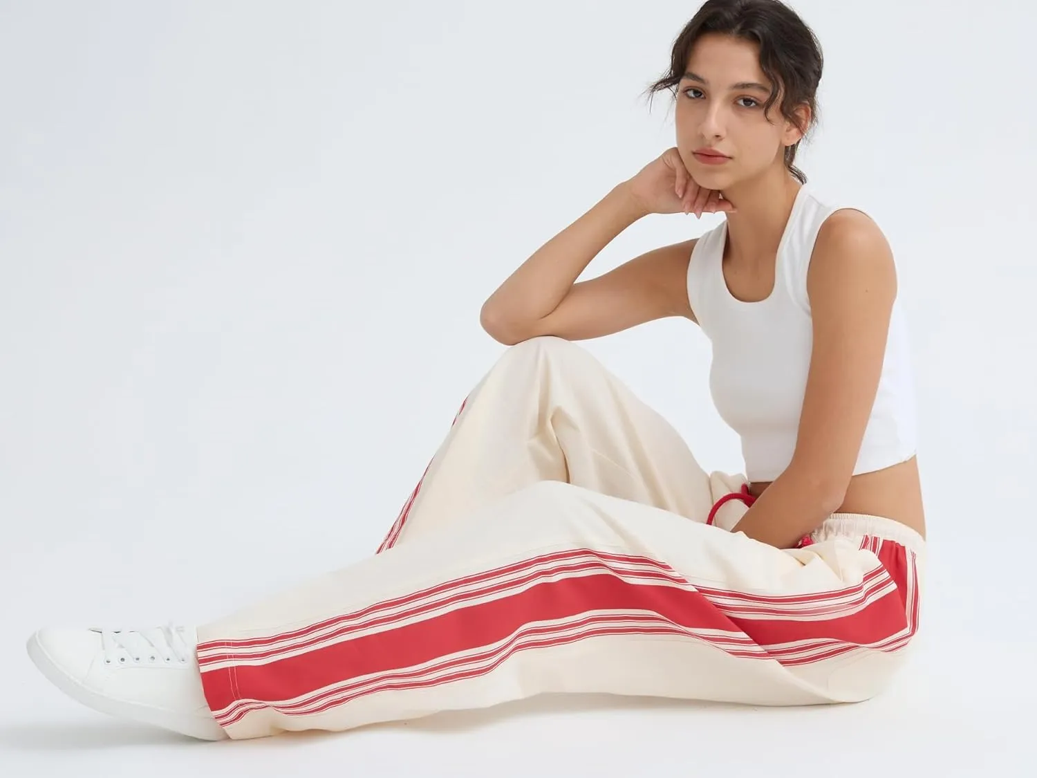 Side Striped Pants Women Drawstring Wide Leg Pants High Waisted Loose Slouchy Palazzo Sweatpants