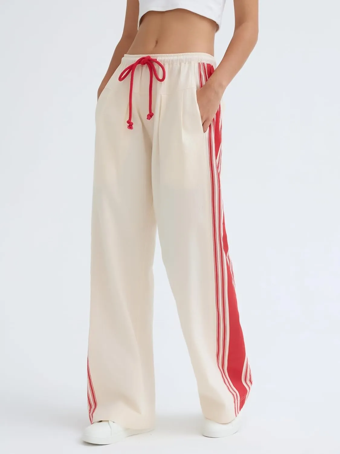 Side Striped Pants Women Drawstring Wide Leg Pants High Waisted Loose Slouchy Palazzo Sweatpants