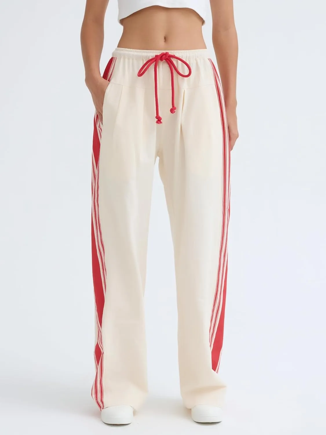 Side Striped Pants Women Drawstring Wide Leg Pants High Waisted Loose Slouchy Palazzo Sweatpants