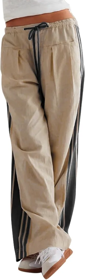 Side Striped Pants Women Drawstring Wide Leg Pants High Waisted Loose Slouchy Palazzo Sweatpants