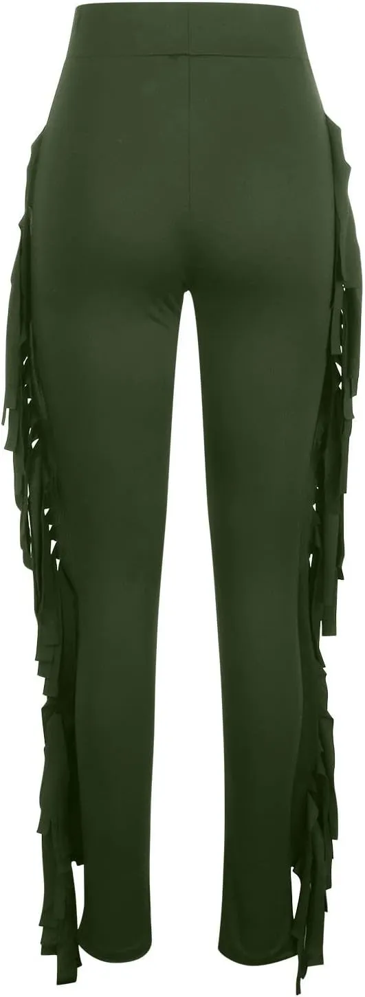 Sinzelimin Women's Sexy Tight Pants Fashion Solid Color Side Tassel High Waist Stretch Yoga Leggings Slim Full Length Trouser