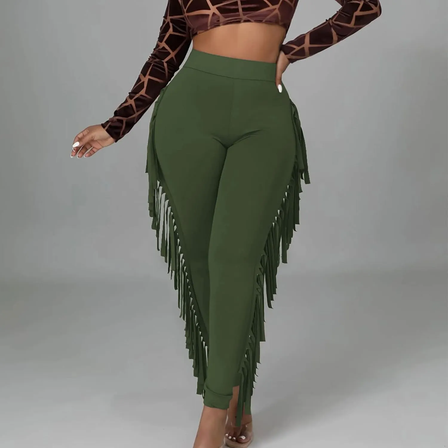 Sinzelimin Women's Sexy Tight Pants Fashion Solid Color Side Tassel High Waist Stretch Yoga Leggings Slim Full Length Trouser