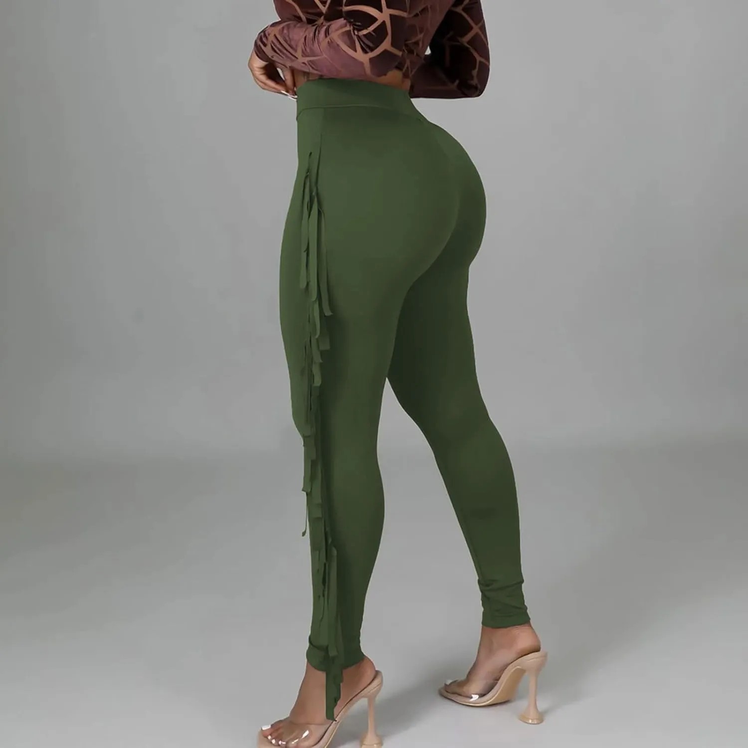 Sinzelimin Women's Sexy Tight Pants Fashion Solid Color Side Tassel High Waist Stretch Yoga Leggings Slim Full Length Trouser