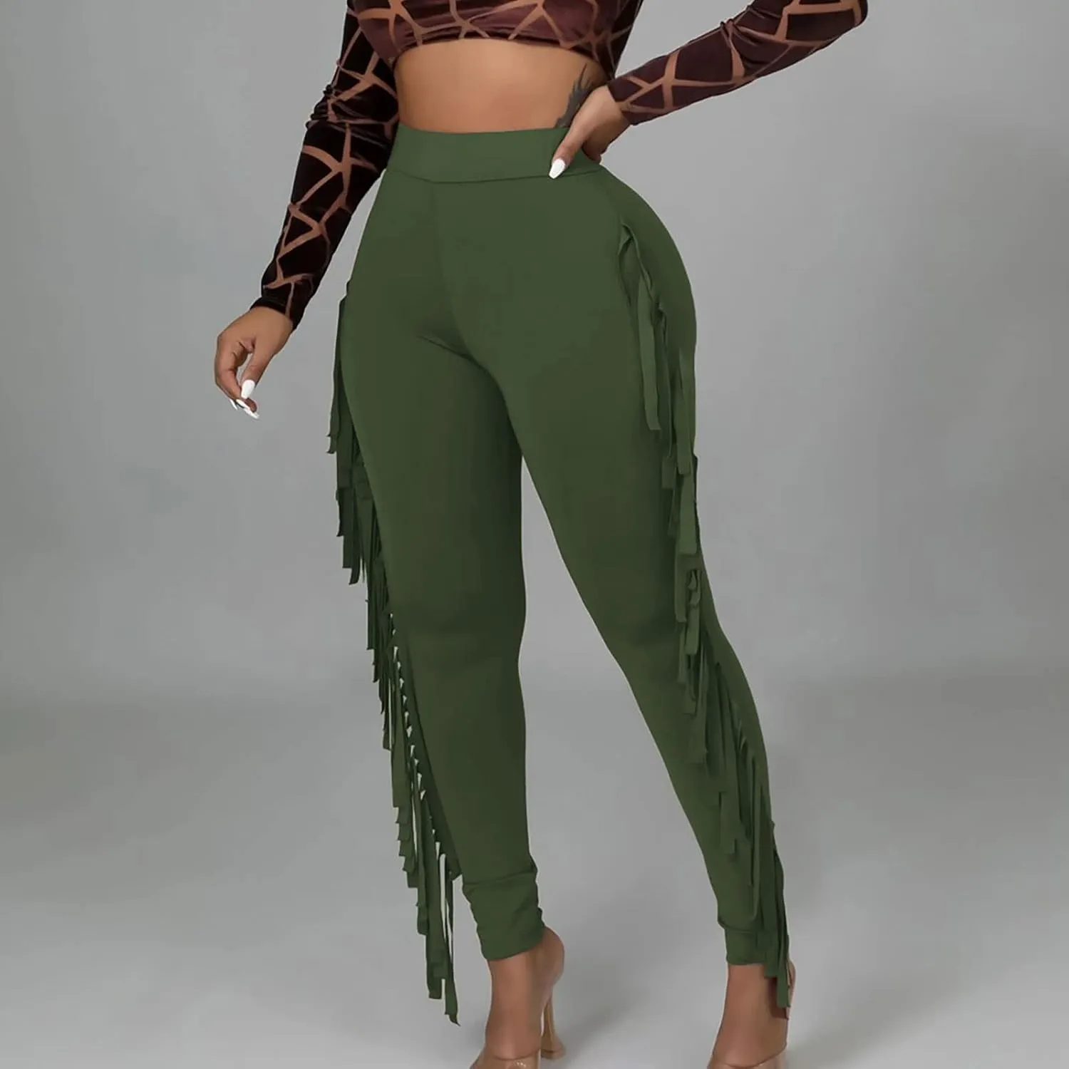 Sinzelimin Women's Sexy Tight Pants Fashion Solid Color Side Tassel High Waist Stretch Yoga Leggings Slim Full Length Trouser