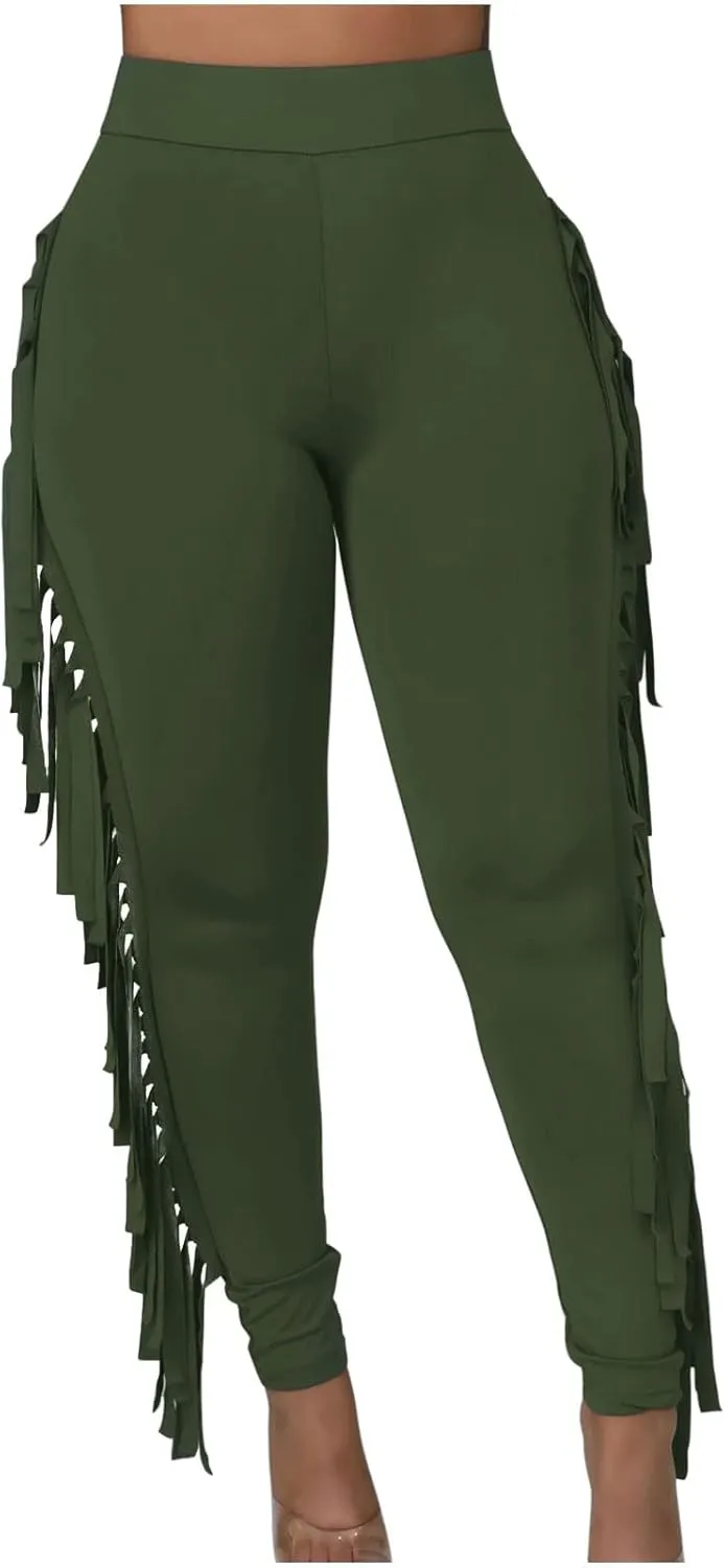 Sinzelimin Women's Sexy Tight Pants Fashion Solid Color Side Tassel High Waist Stretch Yoga Leggings Slim Full Length Trouser