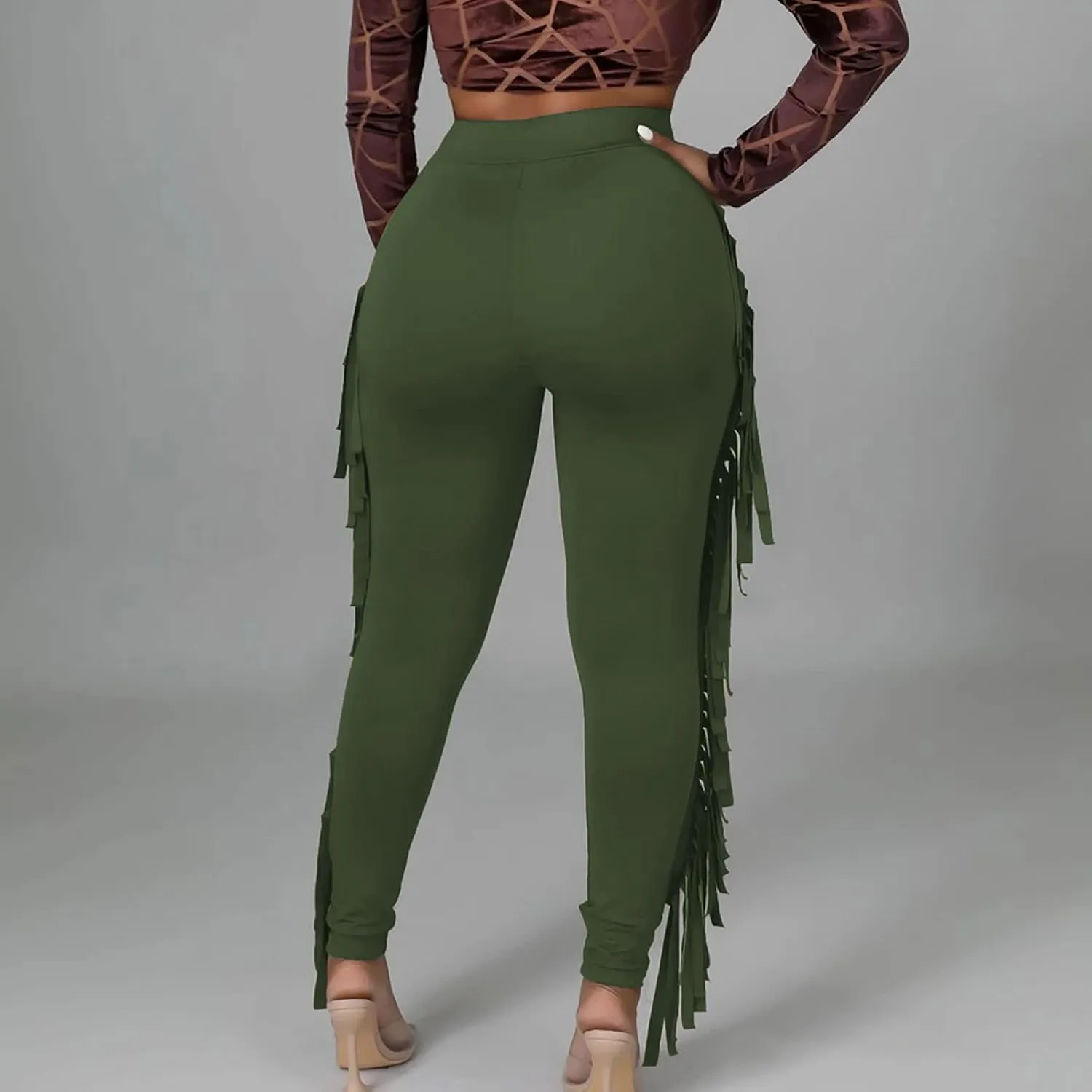 Sinzelimin Women's Sexy Tight Pants Fashion Solid Color Side Tassel High Waist Stretch Yoga Leggings Slim Full Length Trouser