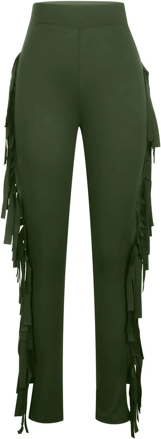 Sinzelimin Women's Sexy Tight Pants Fashion Solid Color Side Tassel High Waist Stretch Yoga Leggings Slim Full Length Trouser