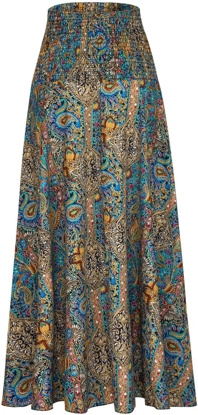 Skirts for Women Trendy Ruffle Smocked High Waist Stretch Bohemian Skirts Fashion Vintage Floral Boho Maxi Skirts