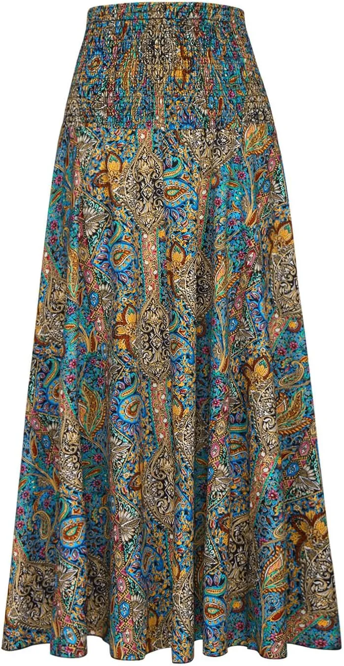 Skirts for Women Trendy Ruffle Smocked High Waist Stretch Bohemian Skirts Fashion Vintage Floral Boho Maxi Skirts