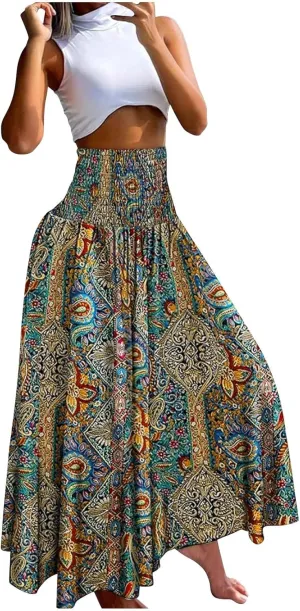 Skirts for Women Trendy Ruffle Smocked High Waist Stretch Bohemian Skirts Fashion Vintage Floral Boho Maxi Skirts