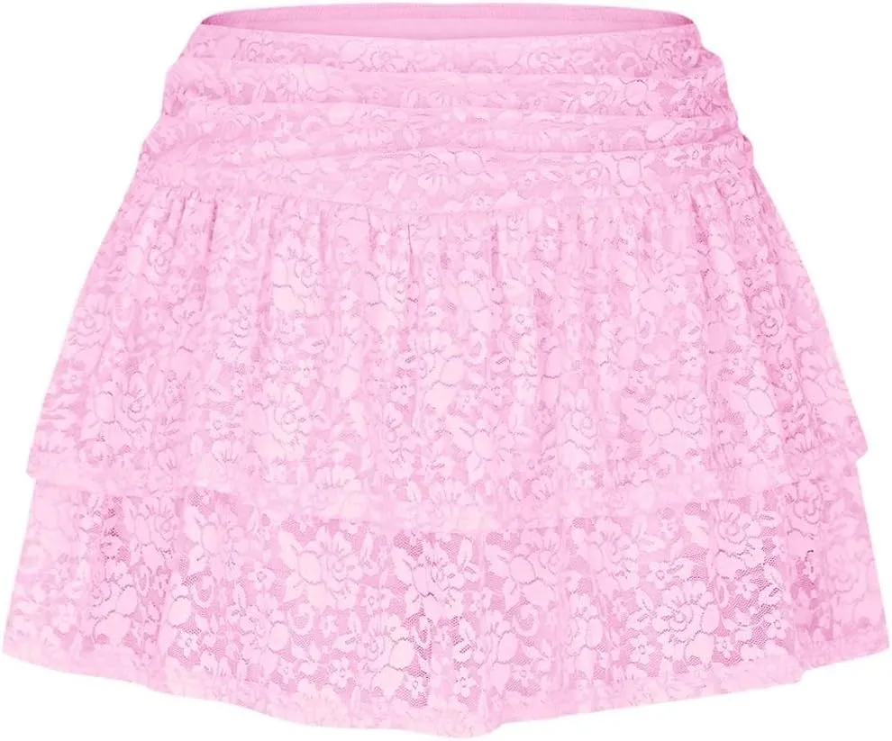 Slip Skirt for Women Lace Trim Tutu Skirt Layered White Skirt Puffy Baggy Elegant Sexy Skirts Front Ruffle Hem Skirt