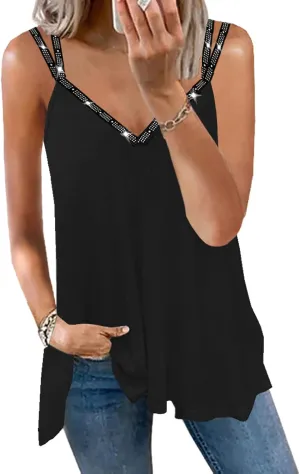 Soesdemo Dressy Tank Top for Women Casual Summer Floral Rhinestones Spaghetti Strap V Neck Sleeveless Tunic for Leggings