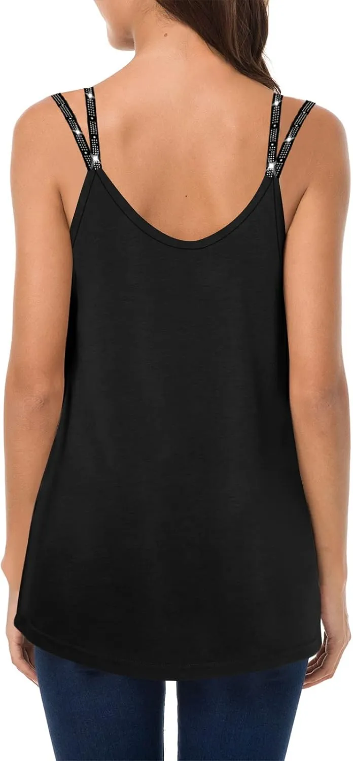 Soesdemo Dressy Tank Top for Women Casual Summer Floral Rhinestones Spaghetti Strap V Neck Sleeveless Tunic for Leggings