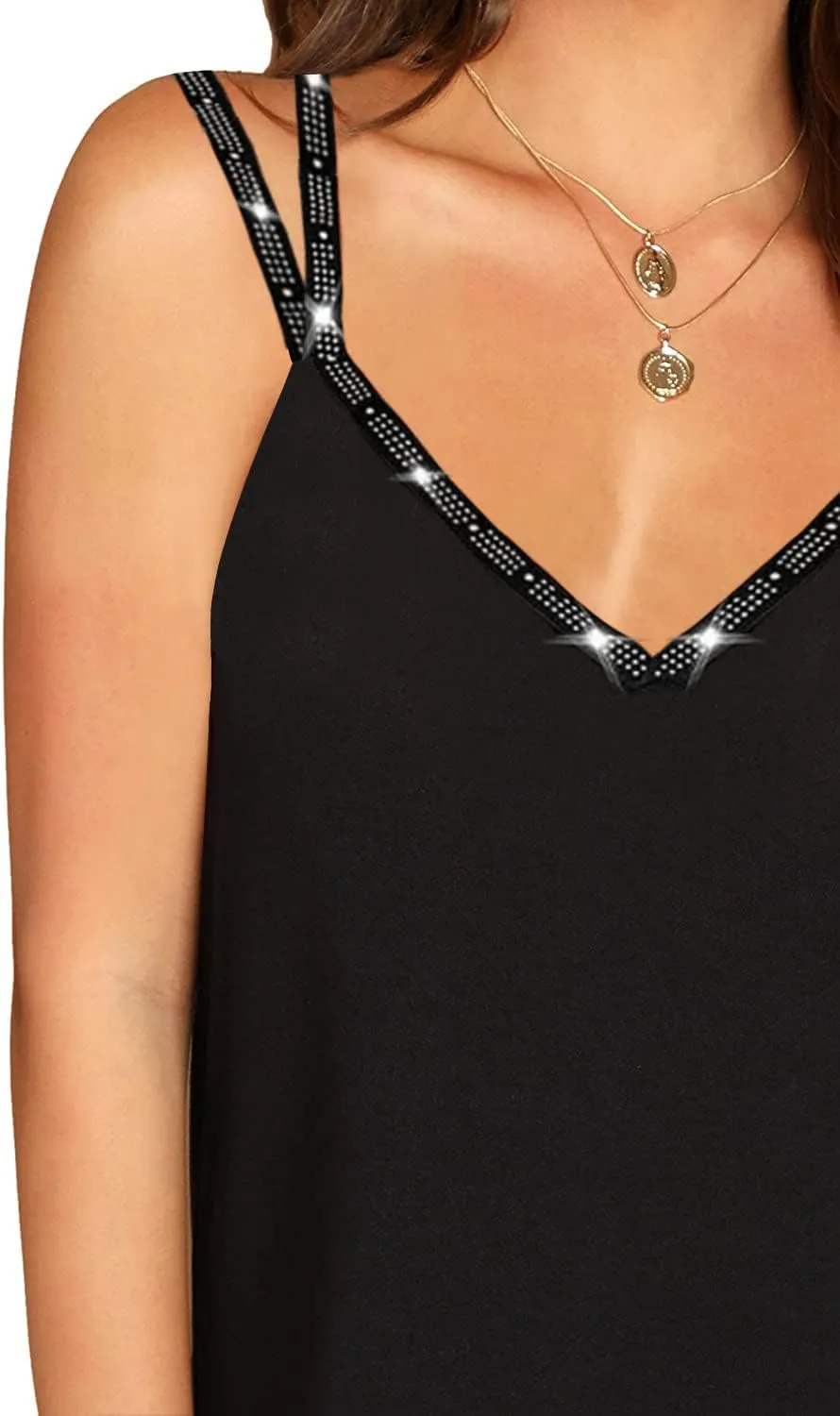 Soesdemo Dressy Tank Top for Women Casual Summer Floral Rhinestones Spaghetti Strap V Neck Sleeveless Tunic for Leggings