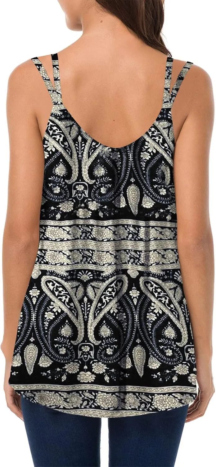 Soesdemo Dressy Tank Top for Women Casual Summer Floral Rhinestones Spaghetti Strap V Neck Sleeveless Tunic for Leggings