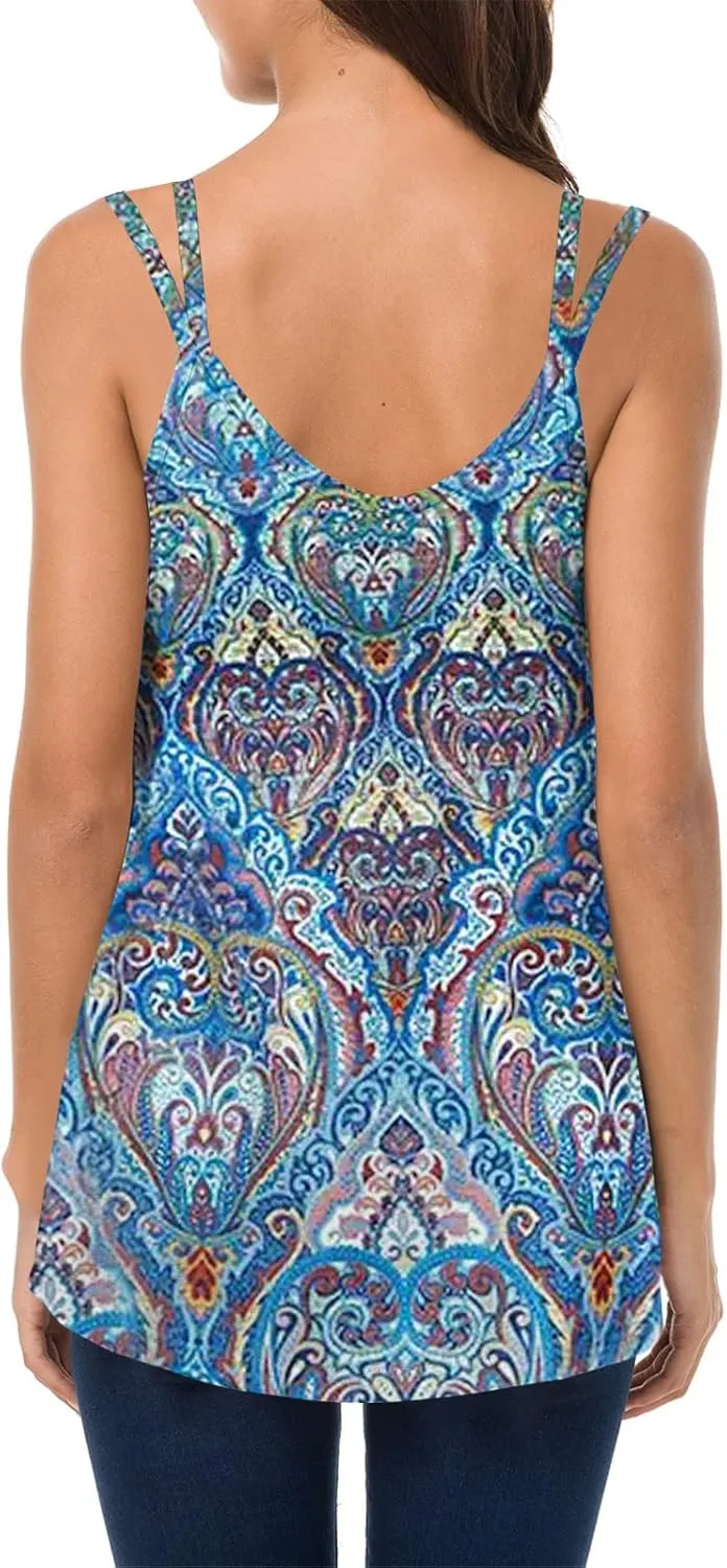 Soesdemo Dressy Tank Top for Women Casual Summer Floral Rhinestones Spaghetti Strap V Neck Sleeveless Tunic for Leggings