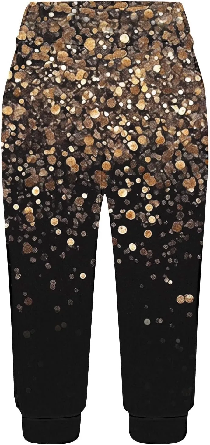 Sparkly Capris for Women High Rise Sequin Sports Athletic Pants Trending Party Cropped Trouser Cute Capri