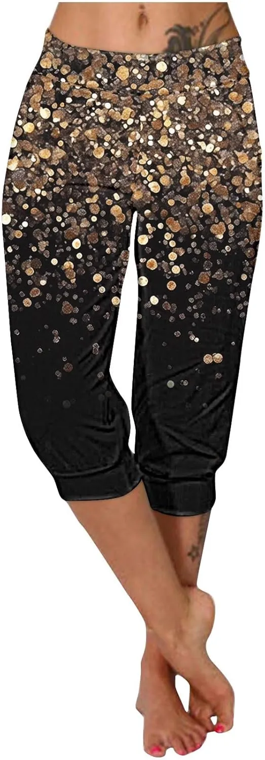 Sparkly Capris for Women High Rise Sequin Sports Athletic Pants Trending Party Cropped Trouser Cute Capri