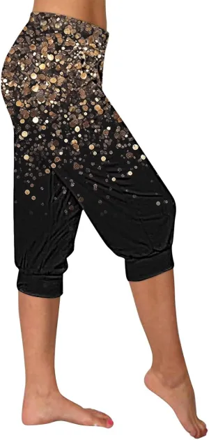 Sparkly Capris for Women High Rise Sequin Sports Athletic Pants Trending Party Cropped Trouser Cute Capri