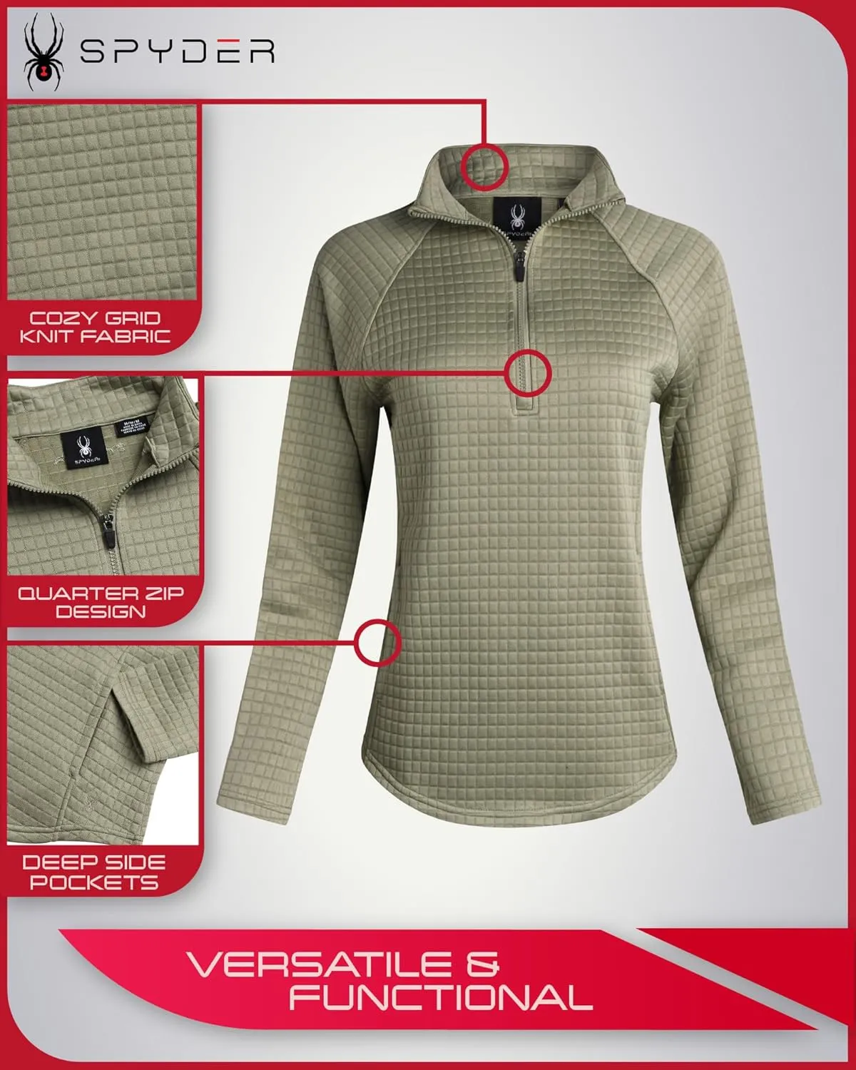 Spyder Women's Quarter Zip Active Sweatshirt - UPF 30  Grid Fleece Long Sleeve Athletic Mock Neck Pullover Top (Sizes: S-XL)