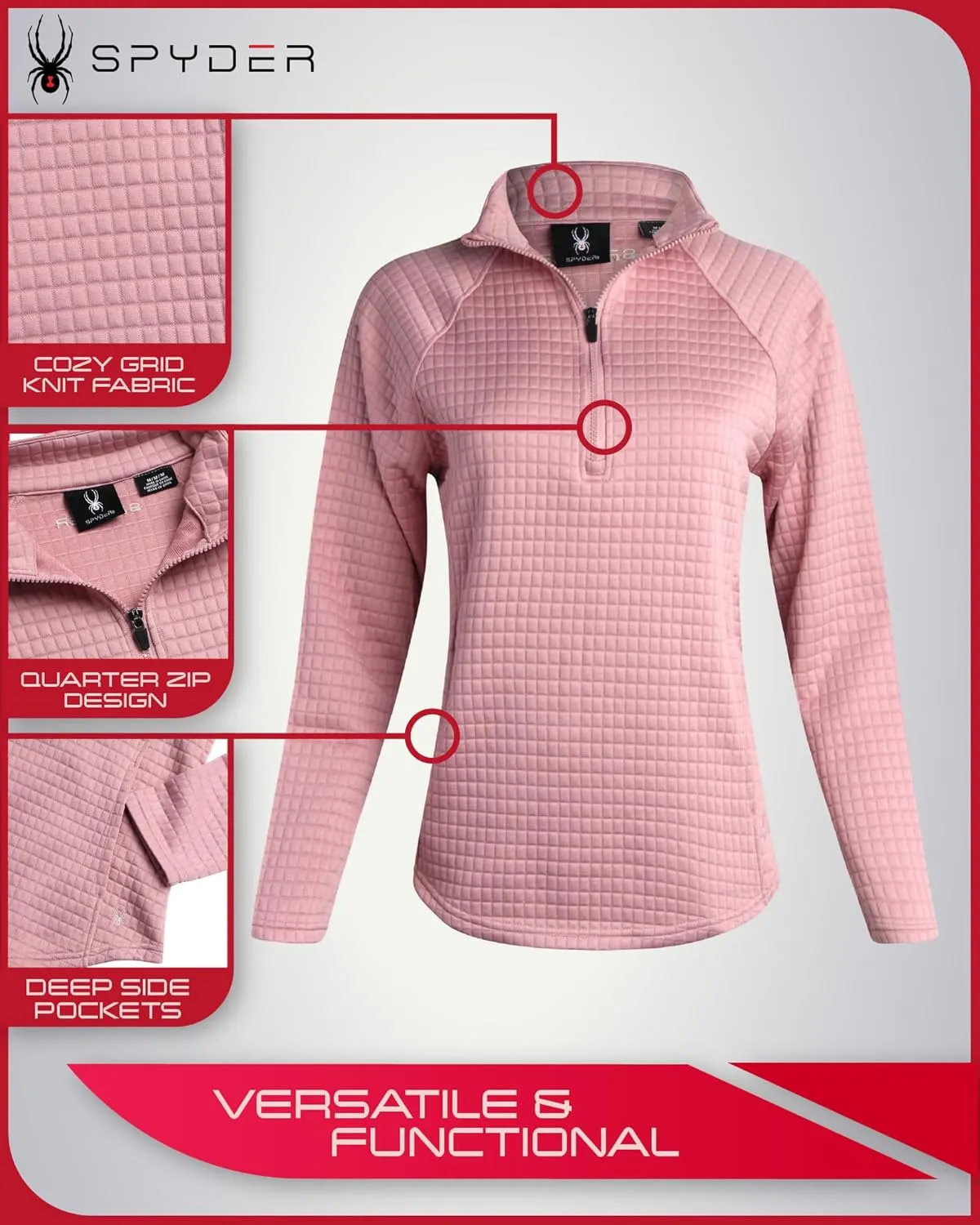 Spyder Women's Quarter Zip Active Sweatshirt - UPF 30  Grid Fleece Long Sleeve Athletic Mock Neck Pullover Top (Sizes: S-XL)