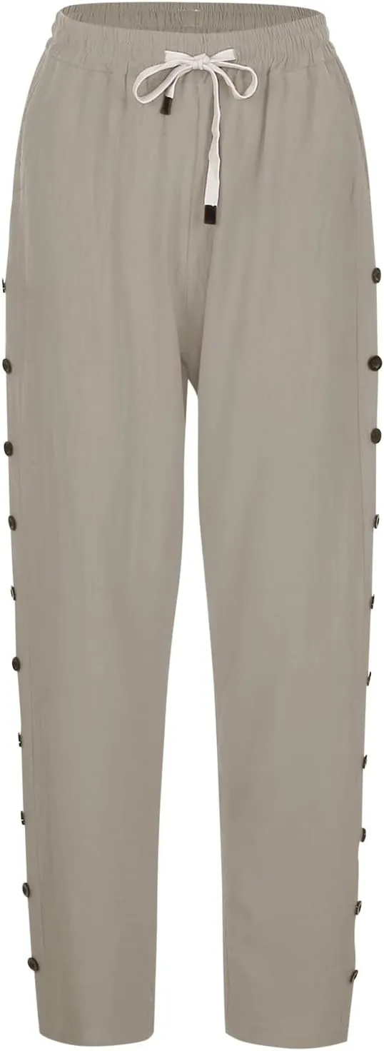Striped Linen Pants Women Casual Summer Elastic Waist Trendy Slacks Straight Leg Lightweight Trousers with Pockets