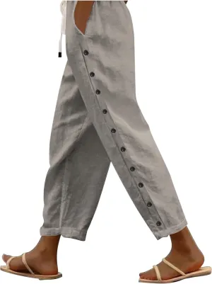 Striped Linen Pants Women Casual Summer Elastic Waist Trendy Slacks Straight Leg Lightweight Trousers with Pockets