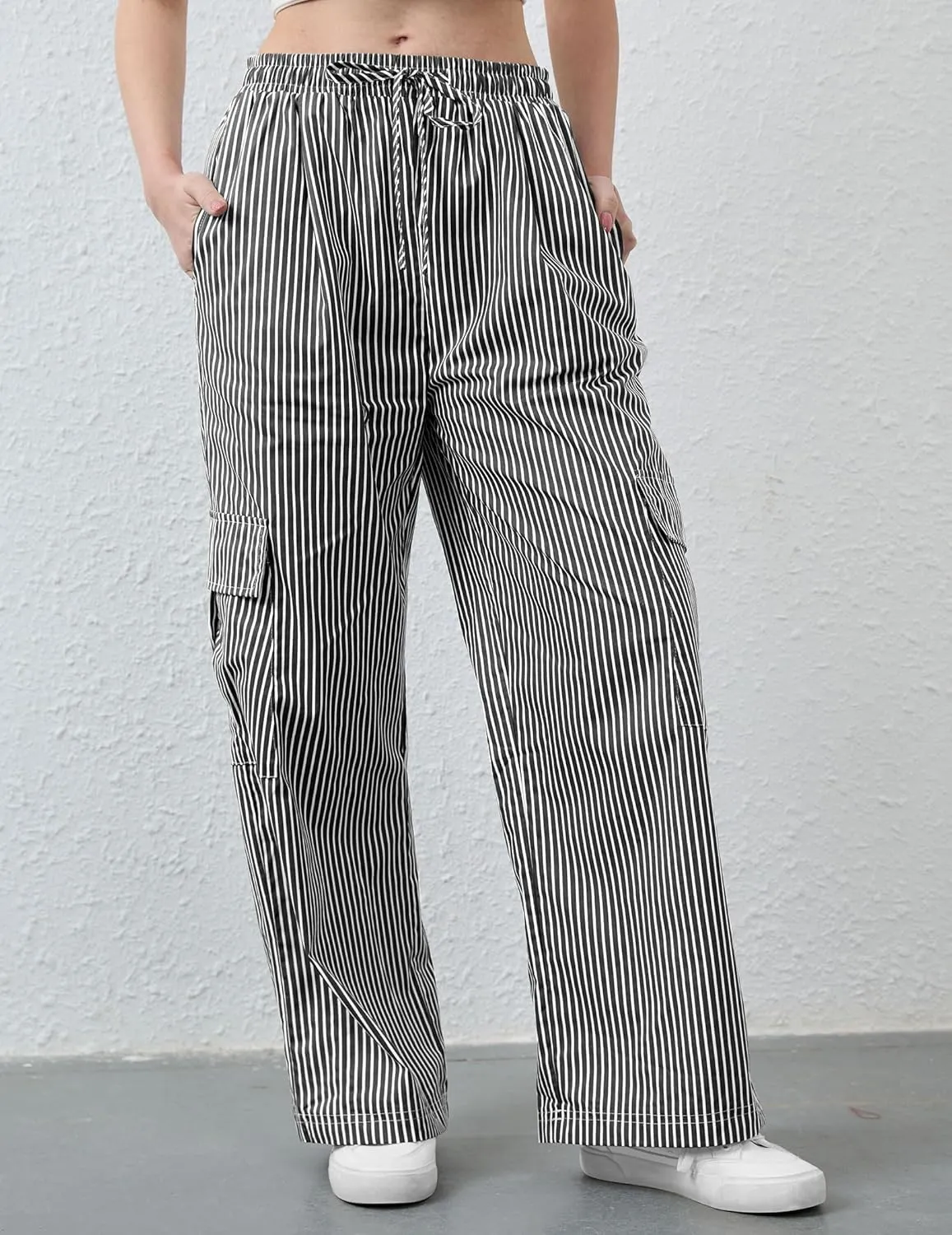 Striped Pants Women Drawstring Low Rise Wide Leg Lounge Pants Casual Loose Trousers Pajama Pants with Pockets
