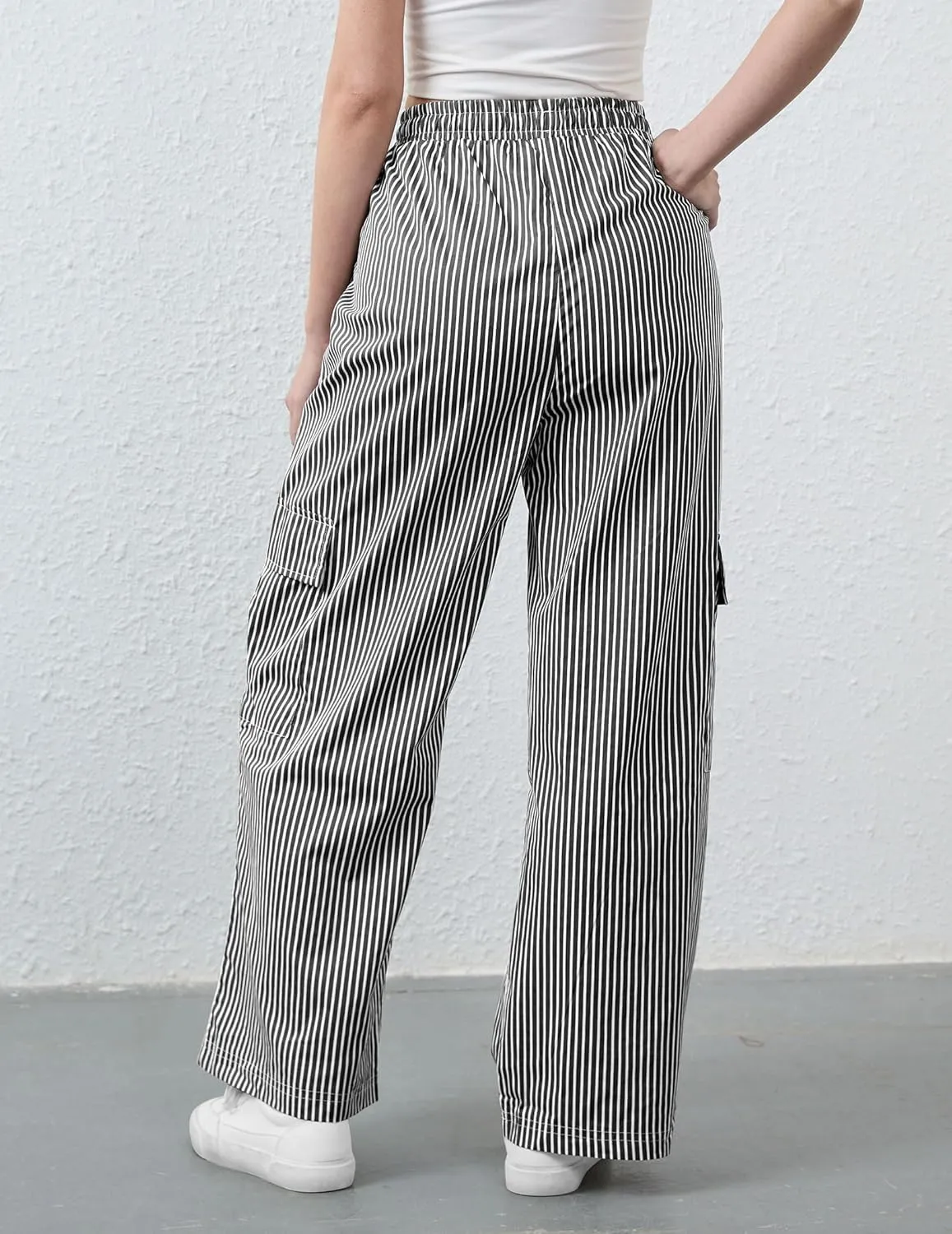 Striped Pants Women Drawstring Low Rise Wide Leg Lounge Pants Casual Loose Trousers Pajama Pants with Pockets