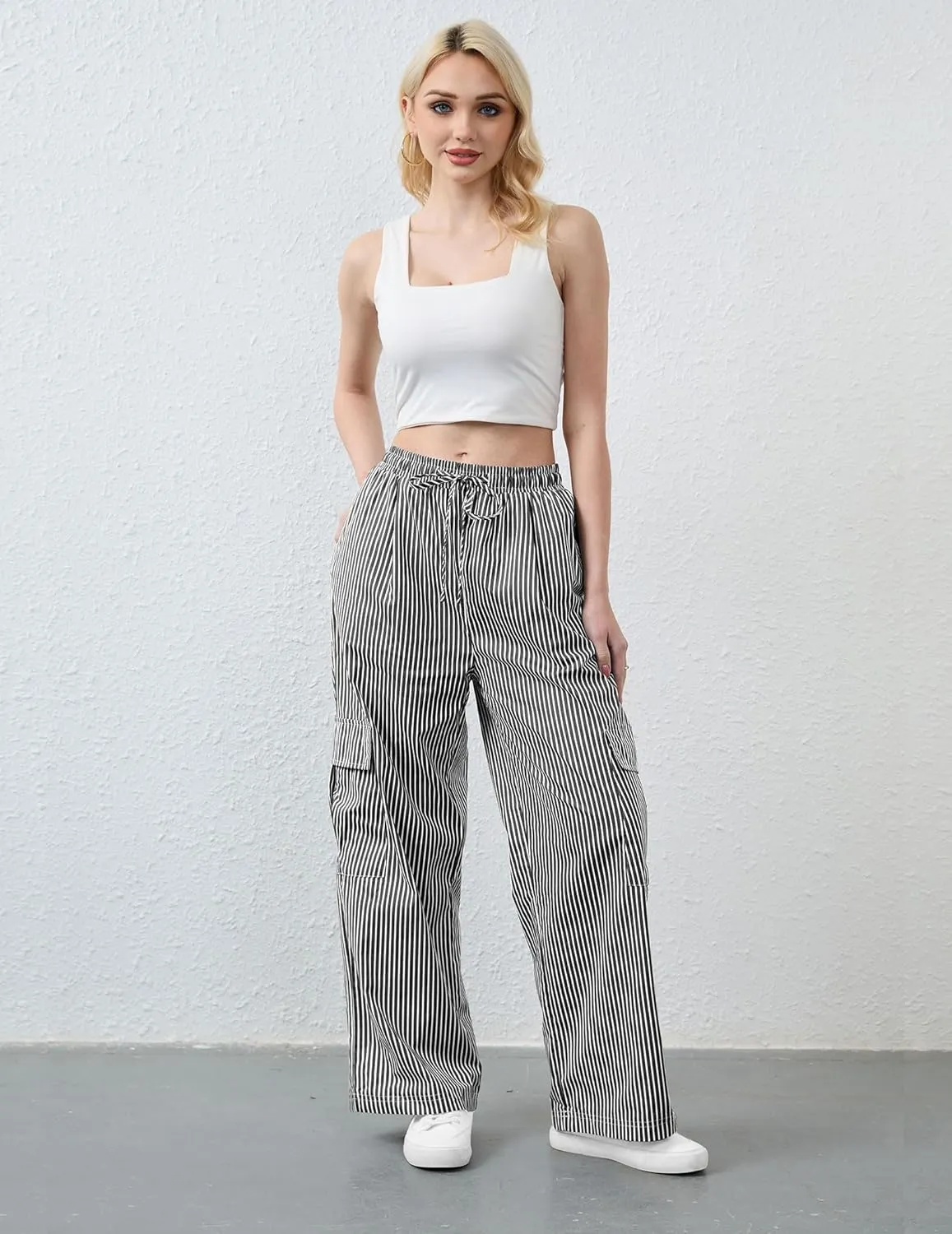 Striped Pants Women Drawstring Low Rise Wide Leg Lounge Pants Casual Loose Trousers Pajama Pants with Pockets